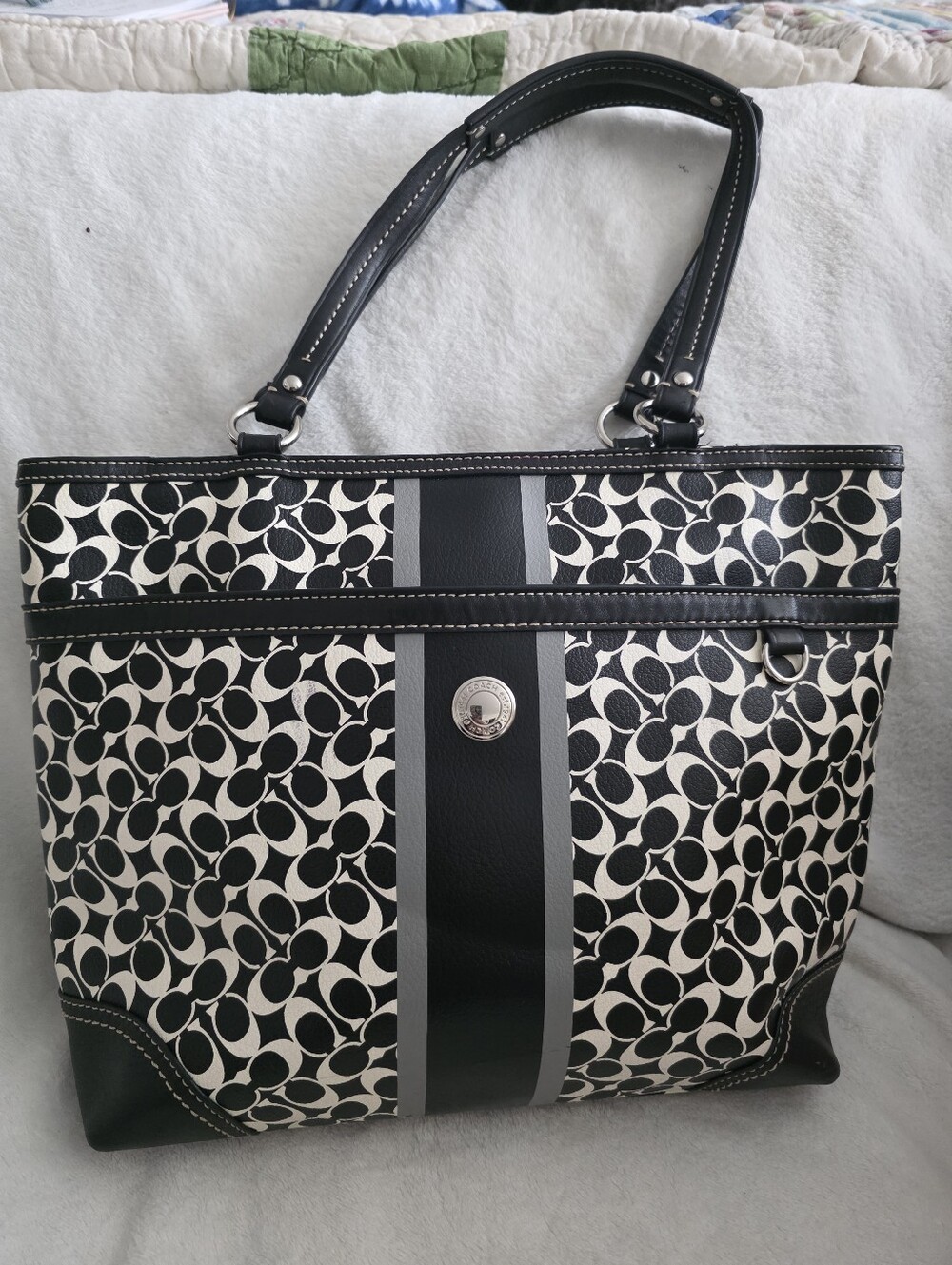 COACH Chelsea Heritage Signature Stripe Bag Tote F15134 Black White 2010